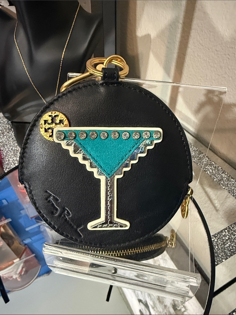 Tory Burch Black Leather Mini Coin Purse with Teal Cocktail Motif